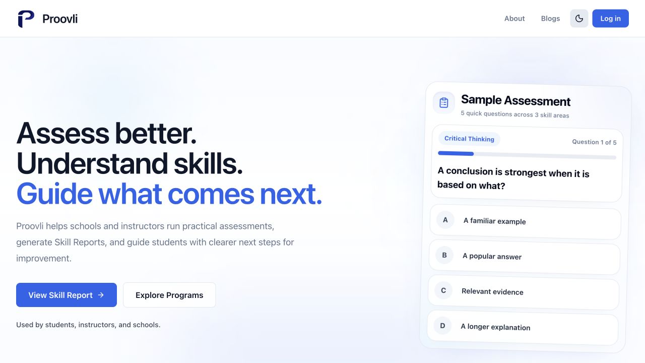 Proovli homepage with a sample skill assessment